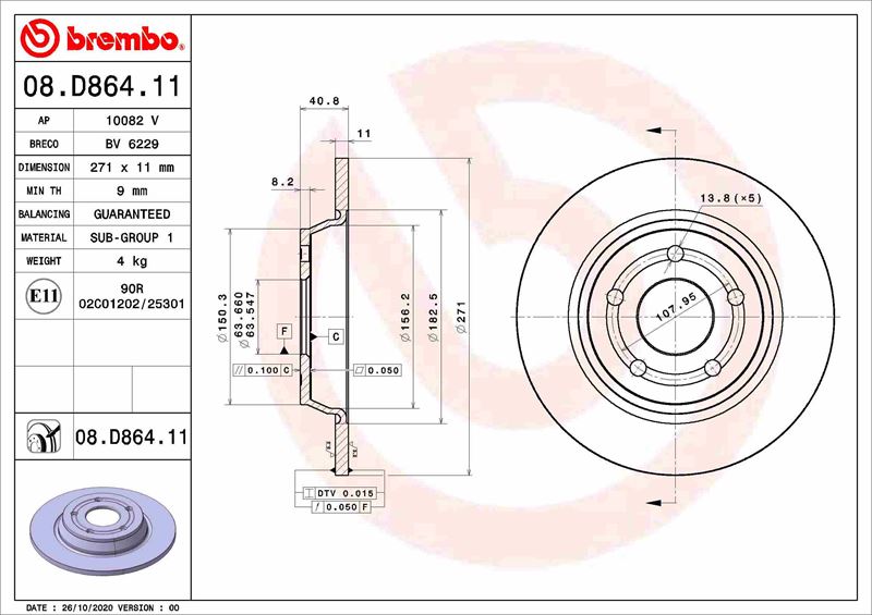 BREMBO 08D86411 Arka Fren Disk Ayna Focus Iv 17>