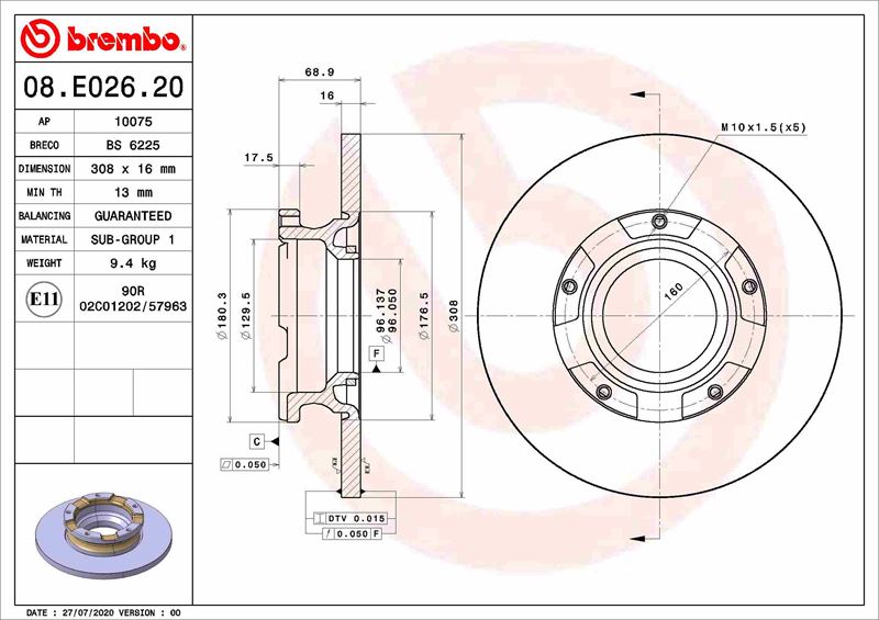 BREMBO 08E02620 Arka Fren Disk Aynasi Transit Custom V362 12> Abs Li O.Ceker Cap 308 16