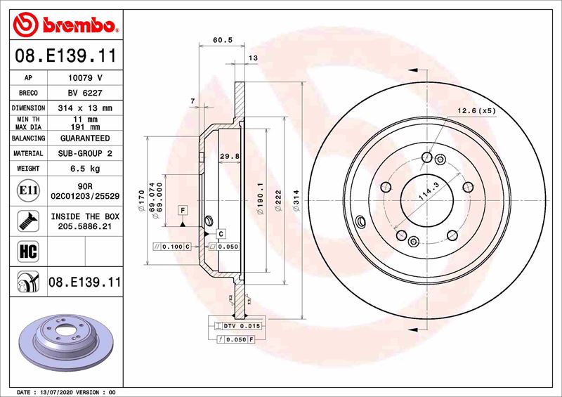 BREMBO 08E13911 Fren Diski Genesis G70 Ik 09/17->-Genesis G70 Shooting Brake Ik 06/21->-Kia Stinger Ck 06/17->
