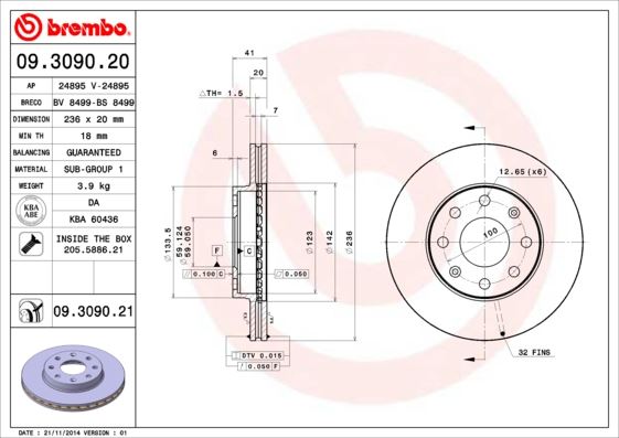 BREMBO 09309020 Ön Fren Disk Aynasi Aveo 1.2i-1.4i 06-11 Kalos 1.2 03-08 236x20x4dl Havali