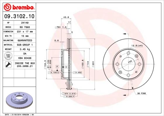 BRE-09.3102.10 Fren Disk On Hava Kanalli 231-4-(Honda   Civic Iii 1985/1987 Honda   Civic Iv 1987/1989