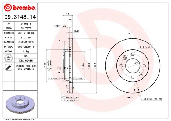 BREMBO 09314814 Ön Fren Aynasi Küçük Renault R9-R11-R19-R21 Clio I 91>96 Clio Ii 98> Clio Symbol 00>09 Kangoo 97> Megane I 96> Symbol Ii 08> 238x20.1 Havali 4 Delik
