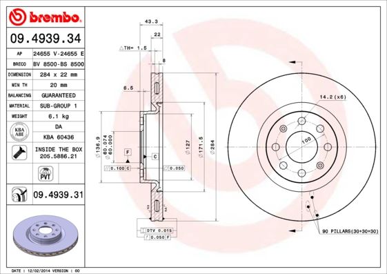 BREMBO 09493934 Ön Fren Aynasi Corsa D 07> Corsa E 14> Adam 13> Punto Evo-Grande Punto 05> 284x22x6dlxhavali 15 İnç 55702646