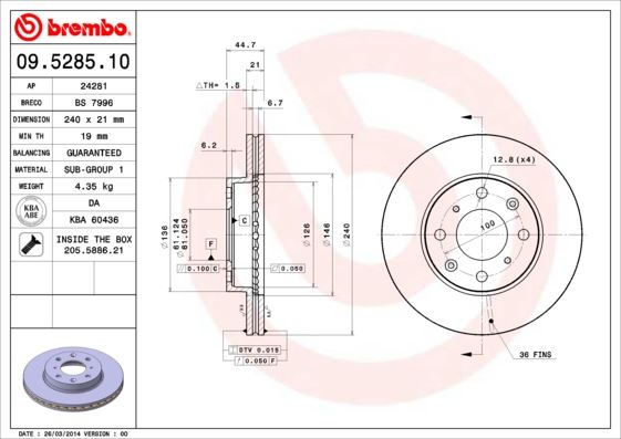 BREMBO 09528510 Ön Fren Diski Hava Kanalli Honda Civic 1.5l 1.6l D15b D16a Si Eg Eh Kasa 92-95 / Civic Euro 1.4l D14a Ma Ej El Kasa 96-00 240 Çap X 4 Bijon - Adet Disk Fiyatıdır