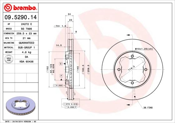 BREMBO 09529014 Ön Fren Diski Hava Kanalli Honda Accord 2.0l F20 90-98 260 Çap X 4 Bijon - Adet Disk Fiyatıdır