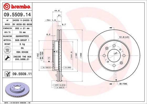 BREMBO 09550914 Ön Fren Diski Hava Kanalli Honda Civic 1.4l 1.6l B16a2 D14a D16y4 Ma Mb Ej Ek El Kasa 96-00 / 1. 6l D16v1 D16w7 Vtec Vti Ep Es Eu Kasa 01-05 / City 1.4l L13z1 Gm1 Kasa 08-> / Jazz 1.4l L13z Ge