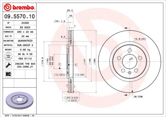 BRE-09.5570.10 On Fren Diski-280×22 5×100 (Vw Golf 92-96  Passat 92-97  Seat Toledo 92-99)