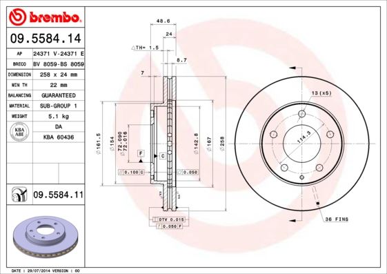 BREMBO 09558414 Ön Fren Diski Hava Kanalli Mazda 626 2.0l Fs Ge Gf Kasa 92-01 258 Çap X 5 Bijon - Adet Disk Fi Yatıdır