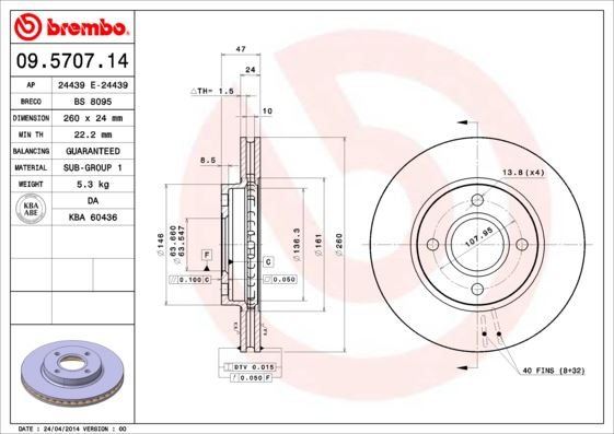 BREMBO 09570714 Fren Diski Ön Ford Mondeo 93> Çap: 260mm