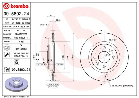 BREMBO 09580224 Ön Fren Diski Renault R19-Clio I 91>96 Clio Ii 98> Kangoo 01> Megane I 96> Megane Ii 04>10 Twingo 96> Dacia Logan 06> Sandero 08> 259x20.6 Havali 4 Delik