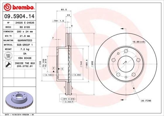 BREMBO 09590414 Fren Diski On Havali 280 Mm Peugeot Boxer-Citroen Jumper-Fiat Ducato 2.5td 14q