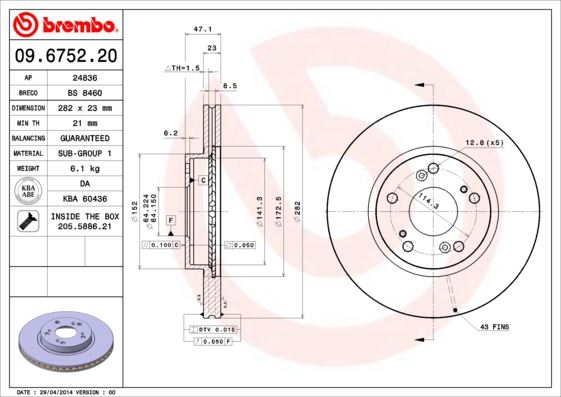 BREMBO 09675220 Ön Fren Diski Hava Kanalli Honda Civic 1.6l R16a2 Vtec Sedan Fd6 Fb7 Kasa 06-15 / 1.8l R18a Vtec Hatchback Fk2 Kasa 06-> / 1.4l L13z1 Sport Fk1 Kasa 09-> / Cr-V 2.0l K20a4 15 Jant Rd8 Kasa