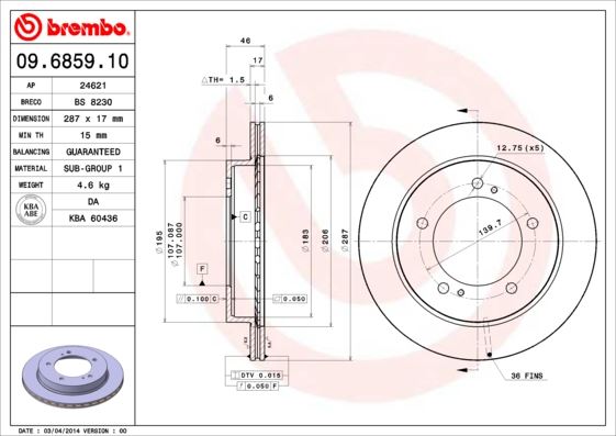 BREMBO 09685910 Ön Fren Diski Hava Kanalli Suzuki Vitara 1.6l G16b 5 Kapı 16 Supap 92-98 287 Çap X 5 Bijon - A Det Disk Fiyatıdır