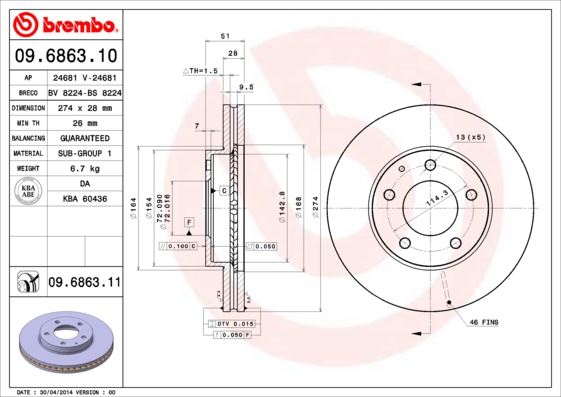 BREMBO 09686311 Ön Fren Diski Hava Kanalli Mazda Xedos 9 2.5l Kl Ta12 94-00 273.5 Çap X 5 Bijon - Adet Disk Fiyatıdır