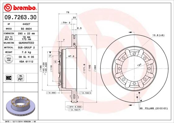 BREMBO 09726330 Fren Diski Nissan Atleon 09/00->-Nissan Cabstar F24m. F24w 09/06-12/13-Nissan Cabstar E Tl. Vl 0