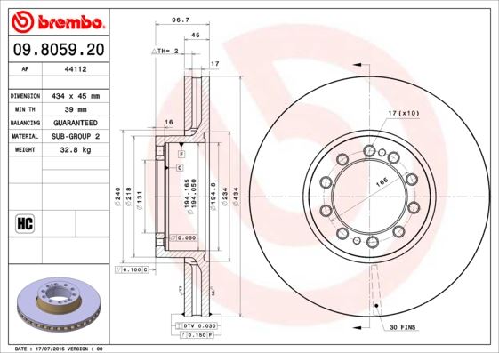 BREMBO 09805920 Fren Diski Renault Trucks Magnum 09/90->-Renault Trucks Premium 04/96->