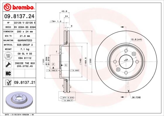 BREMBO 09813724 Fren Diski Ön Dacia Jogger 21> Sandero Iii 20> Renault Clio V 19> Taliant 21>