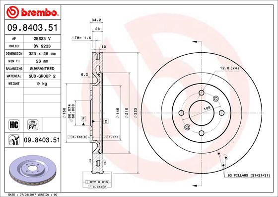 BREMBO 0984035X Fren Diski Citroen Ds3 Sa 11/09-12/16 / Citroen Ds3 Convertible 01/13-07/15 / Ds Ds 3 Sa 04/15 -07/19 / Ds Ds 3 Convertible Sb 07/15-07/19 / Peugeot 208 I Ca . Cc 03/12-06/21