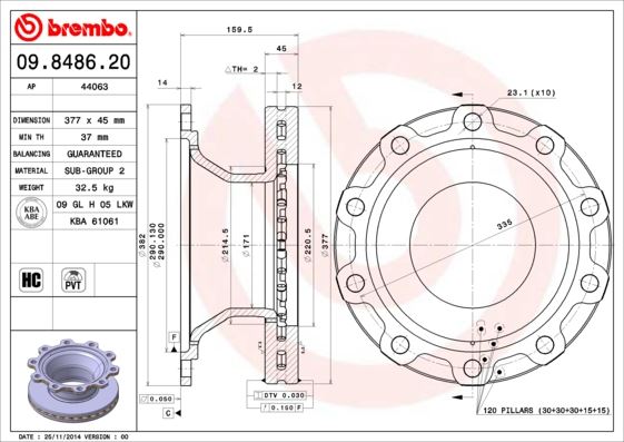 BREMBO 09848620 Fren Diski Bpw Bergische Achsen Axle Sb 3745 Skh Series