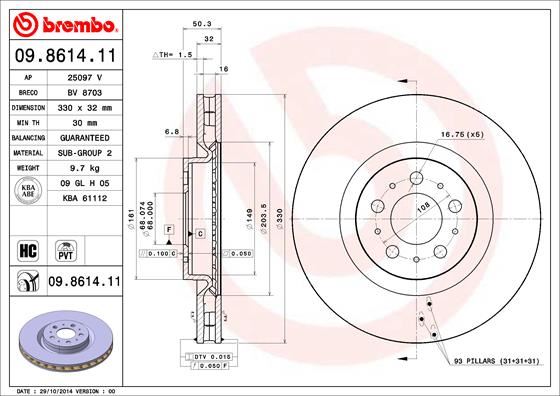 BREMBO 09861411 Ön Fren Aynasi Volvo S60 2.5t Awd 384 2003-2010 V70 Ii 284 2003-2007 330x5dl