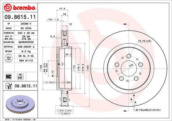 BREMBO 09861511 Arka Disk Ayna Volvo S60 I 03>10 V70 Ii 03>10