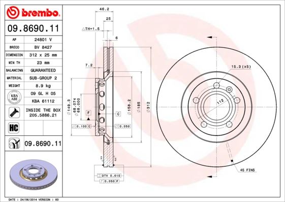 BREMBO 09869011 Ön Fren Aynasi Passat 1.6-1.9tdi-2.0-1.8t 00/5.05 A4 01>A6 97superb 02>Exeo 09> 312x25x10dlxhavali X 986479057-Df4262s