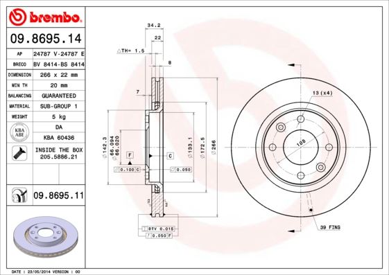 BREMBO 09869514 Ön Fren Aynasi Corsa F-301-307-206-207-Partner-Berlingo-C-Elysee-C2-C3 02 >C5-C4 266x22x4dlxhavali Crossland X-Ds3-2008-1007-208 4249.G1-4246.W1-4246.W7-4246.W7