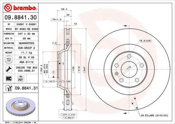 BREMBO 09884131 Ön Fren Aynasi Havali A6-A6 Avant 4f5-A6 Allroad 4fh 2.0 Tfsi/2.4/2.4 Quattro/2.8 Fsi/2.8 Fsi Qu 986479260-Df4695s