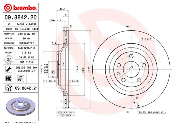 BREMBO 09884221 Arka Fren Aynasi Adet A6 2.0tfsi-Tdi-2.4-2.8fsi-2.7tdi-3.0tfsi-Tdi-3.2fsi-4.2fsi 04-11 1kw
