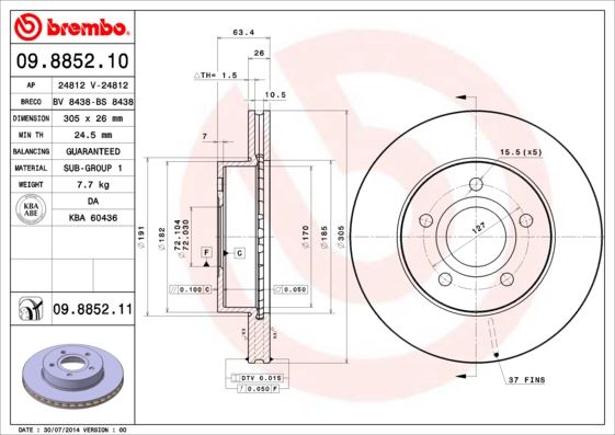 BREMBO 09885210 Fren Diski Ön Jeep Grand Cherokee Ii 99>05