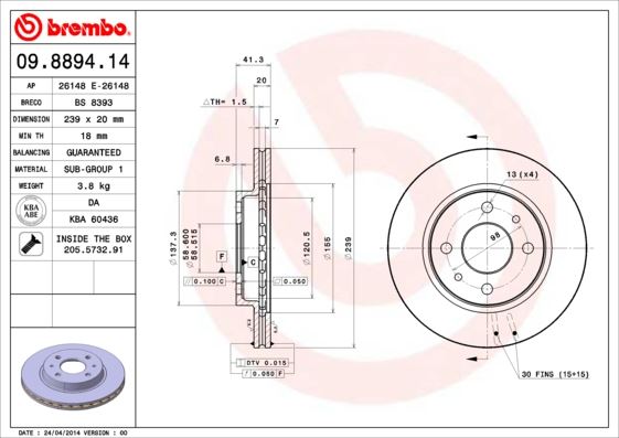 BREMBO 09889414 Fren Disk Ön Lada Vega-Samara 91> Diş Çap: 239mm-Kalinlik: 20mm Havali