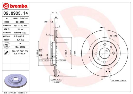 BREMBO 09890314 Fren Diski Ön Lada Vega-Kalina 95> Diş Çap: 260mm-Kalinlik: 19.8mm Havali