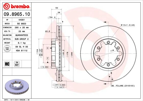 BREMBO 09896510 Fren Diski Nissan Atleon 09/00->-Nissan Cabstar F24m. F24w 09/06-12/13-Nissan Cabstar E Tl. Vl 0