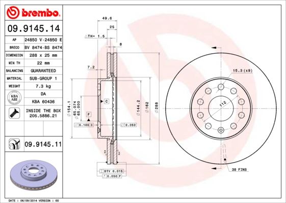 BREMBO 09914514 Fren Diski Ön Vw Caddy-Passat-Golf 5/6/7- Skoda Octavia Ford Connect 23> Çap: 288mm. Kalinlik: 25mm Delik: 9