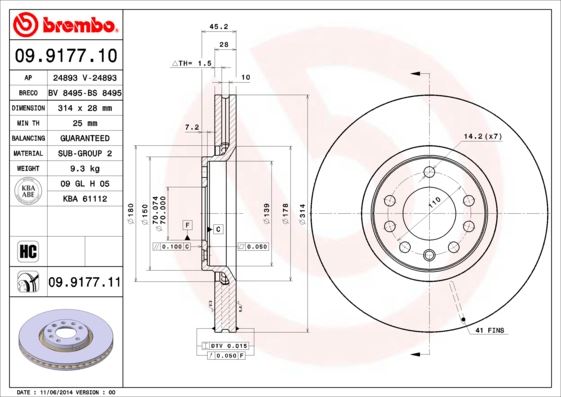 BREMBO 09917711 Ön Fren Diski Opel Vectra C 2.8-3.0 03>08 314x45x7 Havali