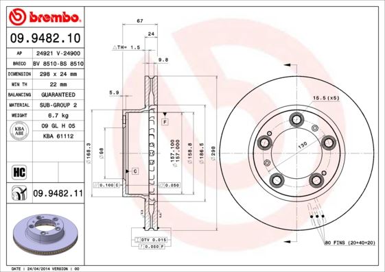 BREMBO 09948211 Fren Diski. Ön. 298 / 24-22 Mm . Hava Kanalli. Kaplamali 986478477