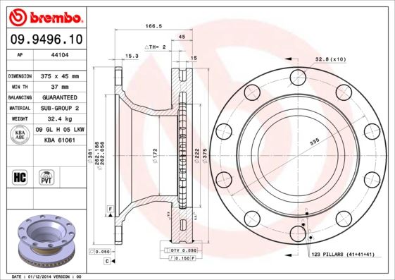 BREMBO 09949610 Fren Diski Renault Trucks D 01/13->-Renault Trucks Midlum 01/00->-Volvo Fl Ii 05/06->-Volvo Fl Iii 0