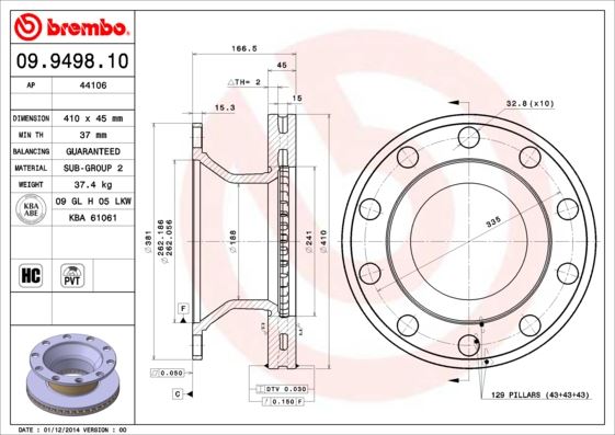 BREMBO 09949810 Fren Diski Renault Trucks D 01/13->-Renault Trucks Midlum 01/00->-Volvo Fl Ii 05/06->-Volvo Fl Iii 0