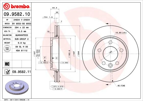 BREMBO 09958210 Arka Fren Aynasi Havali Transporter T5 1.9 Tdi 2.0 2.5 Tdi 04/03>Multivan 4.03> 294x21.9x5dlxhaval 986479097-Df4312