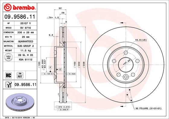 BREMBO 09958611 On Fren Disk Aynasi Havali Volvo S60 Ii 10>15 S80 Ii 06> V60 I 11>15 V70 Iii 07>15 Xc70 Ii 09>15 336cm Cap