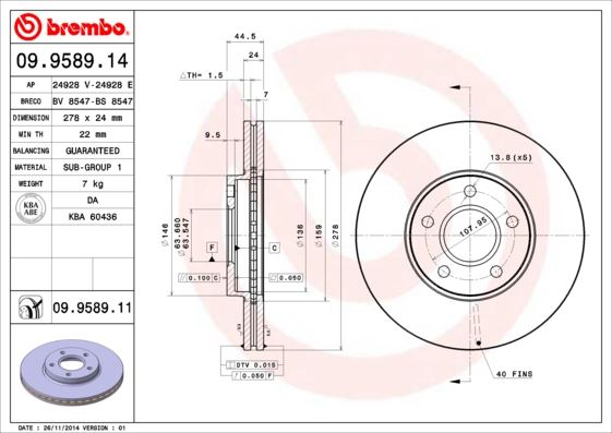 BREMBO 09958914 Fren Diski Ön Ford Connect 02> 278x24x5dl