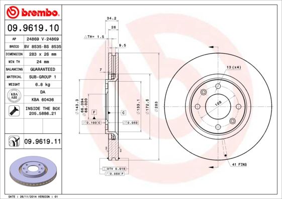 BREMBO 09961910 Ön Fren Aynasi Corsa F-Crosland X-Mokka E-Partner-Berlingo-307-207-208-2008-1007-308-C3-C3 Aircross- C4-C5-Xsara-Ds3 283x26x4dlxhavali 4249.84-4249.18