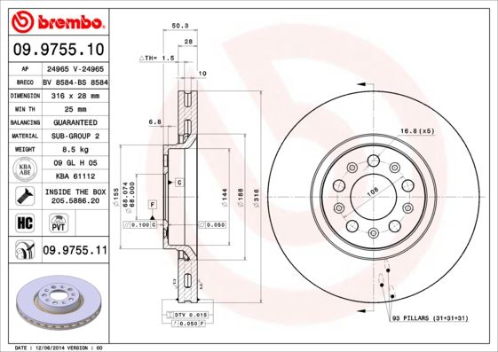 BREMBO 09975511 On Fren Disk Ayna Volvo S60 I 2.0 T -2.4 00>10 V70 Ii 2.4 05>08 Xc90 I D3 / D5 09>14