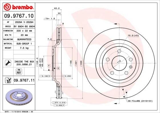 BREMBO 09976711 Fren Diski. Arka. 330 /22-20 Mm . Hava Kanalli. Kaplamali. Yüksek Karbon Alaşimli 986479457-Df4893s