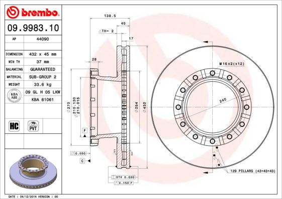 BREMBO 09998310 Fren Diski Iveco Eurocargo I-Iii 01/91-09/15-Iveco Eurocargo Iv 05/13->-Iveco Eurocargo V 09/15->-Iv