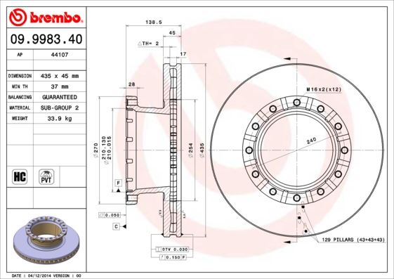 BREMBO 09998340 Fren Diski Iveco Eurocargo I-Iii 01/91-09/15-Iveco Eurostar 01/93-10/02-Iveco Eurotech Mh 01/98->-Iv