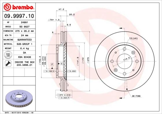 BREMBO 09999710 Ön Fren Diski Hava Kanalli Kia Cerato 1.6l G4ed 04-> / 1.5l D4fa Crdi 04-06 / 1.6l D4fb 07-10 / 2. 0l D4ea Dizel 04-06 275 Çap X 4 Bijon - Adet Disk Fiyatıdır