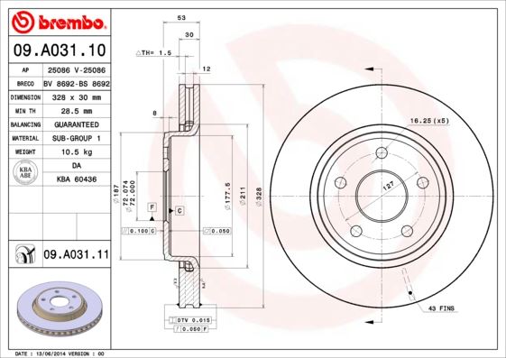 BREMBO 09A03110 Fren Diski Ön Jeep Cherokee 03>10 328mm/30mm
