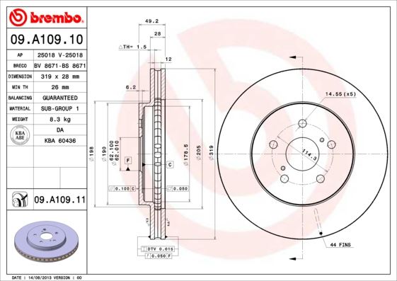 BREMBO 09A10911 Fren Diski On Havali- 319-5 - Lexus Rx 03-08