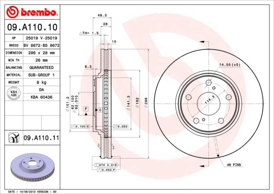BREMBO 09A11011 Fren Diski On Toyota :Camry Sedan 3.0 01-06